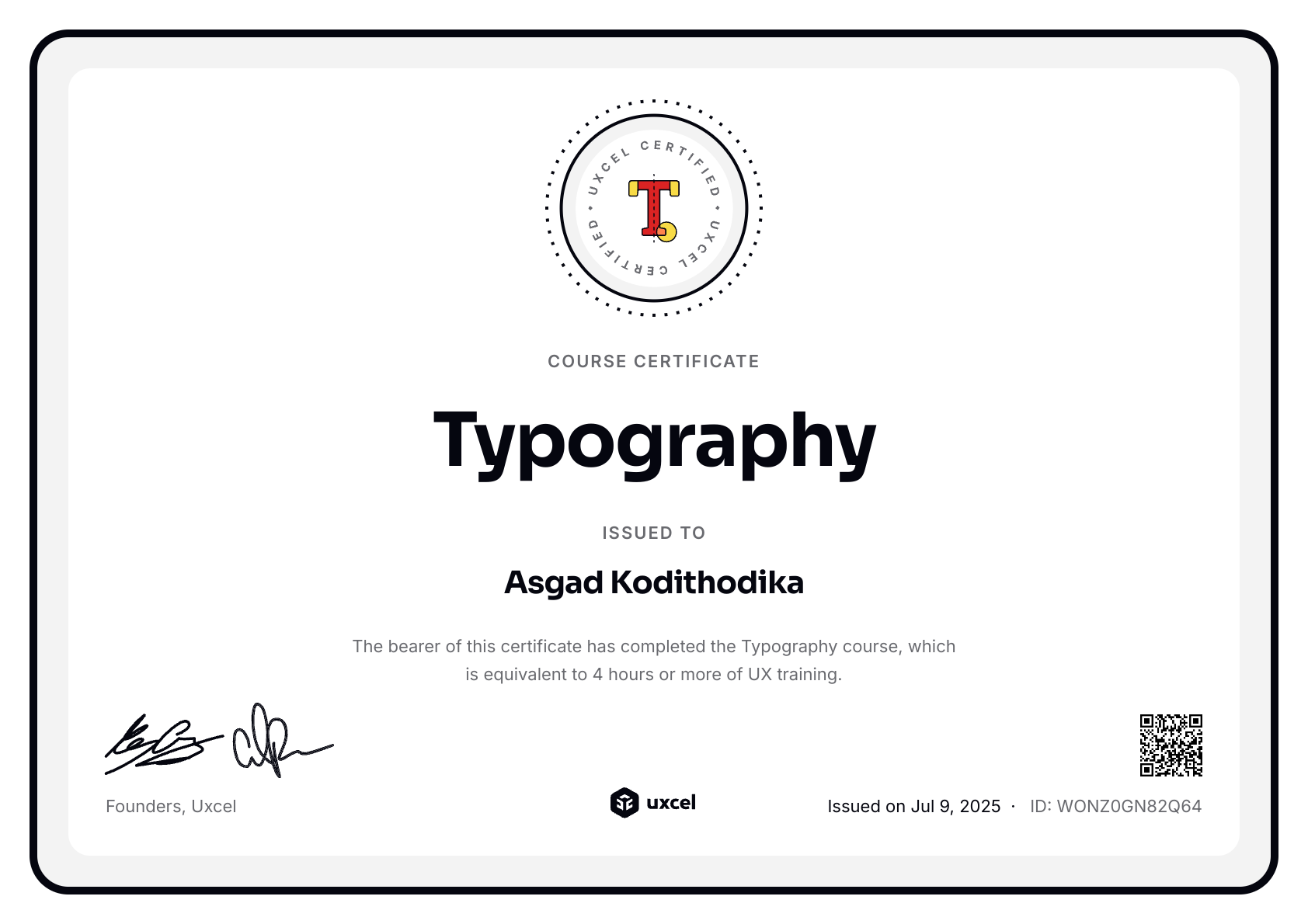 Asgad Kodithodika's certificate